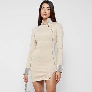 High Neck Neoprene Zip Detail Dress from Maniere De Voir - Beige, US 4